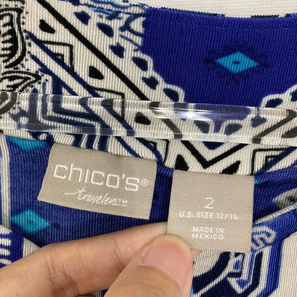 Chico's Travelers size 12/14 Blue Abstract Boho Slinky Knit 3/4 Sleeve Blouse - Picture 2 of 10